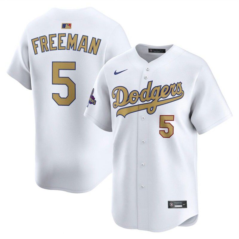 Men Los Angeles Dodgers 5 Freeman White Champion gold character 2025 Nike MLB Jersey style 1